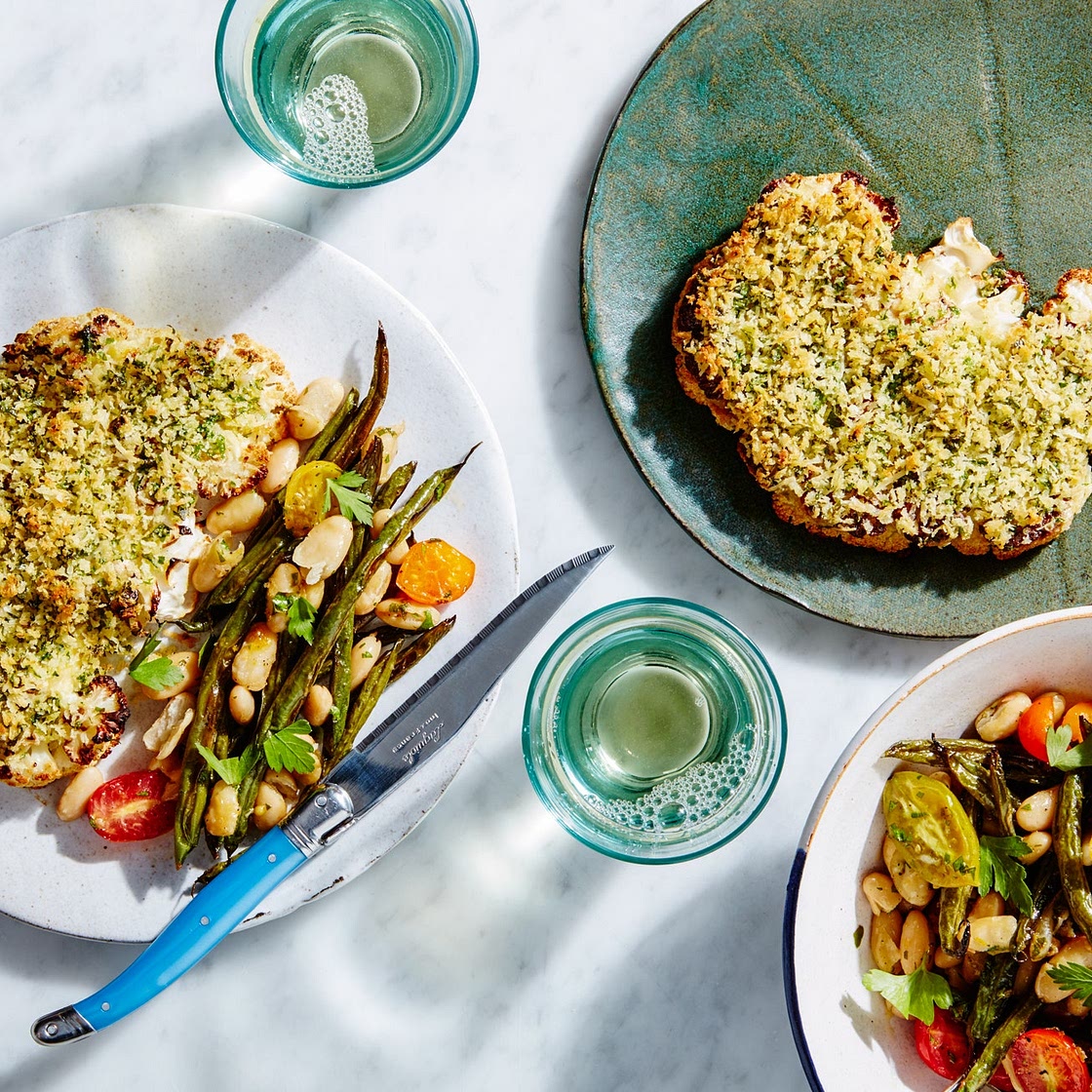Herb-Crusted Cauliflower Steaks with Beans and Tomatoes