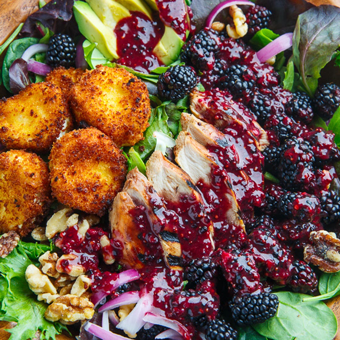 Blackberry Balsamic Grilled Chicken Salad with Crispy Fried Goat Cheese