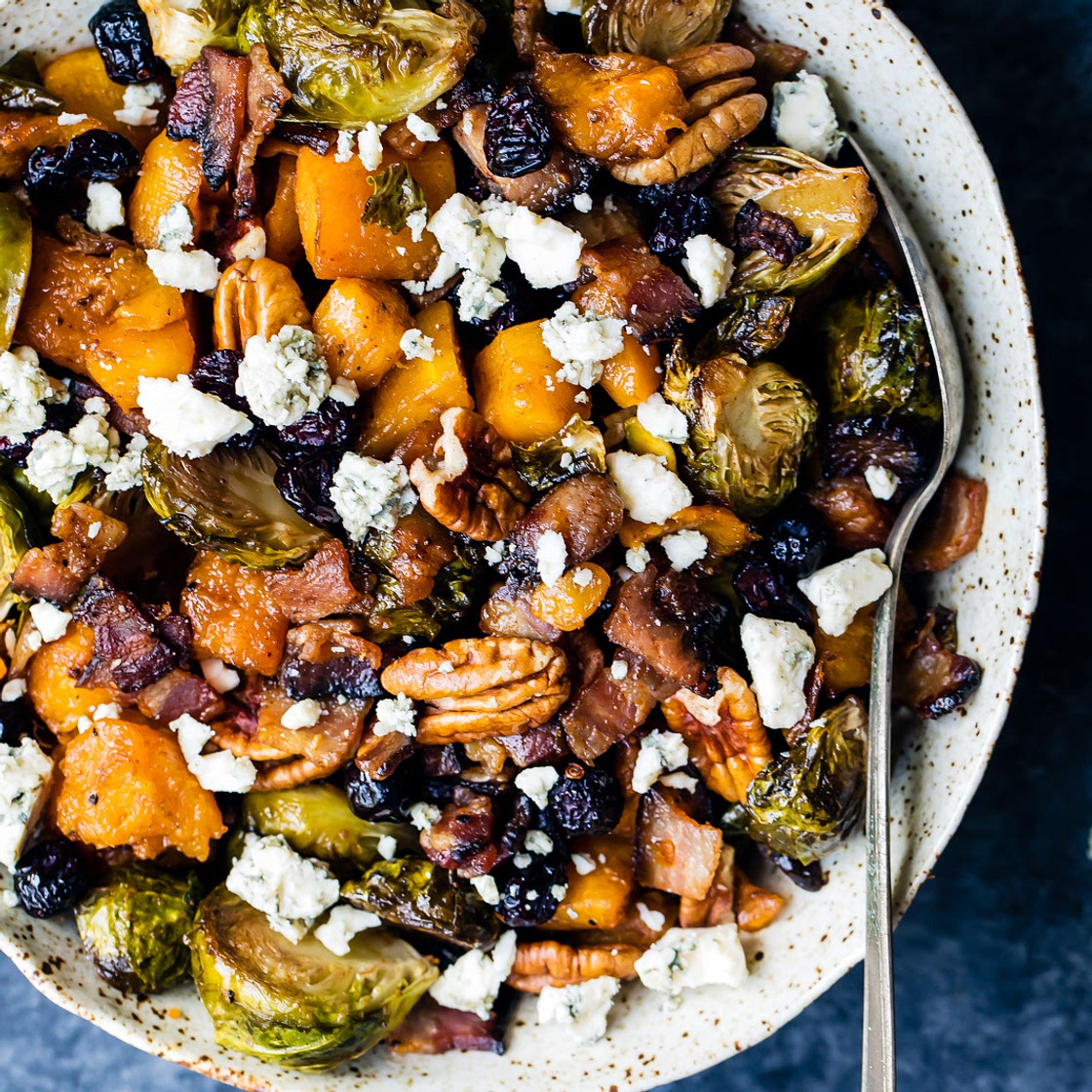 Spicy Maple Roasted Butternut Squash & Brussels Sprouts with Crispy Bacon