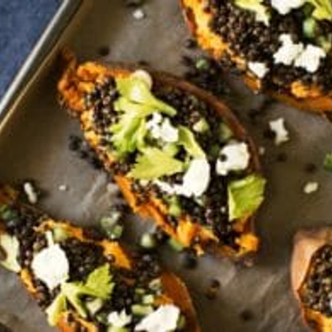 Sweet Potatoes with Goat Cheese & Lentils