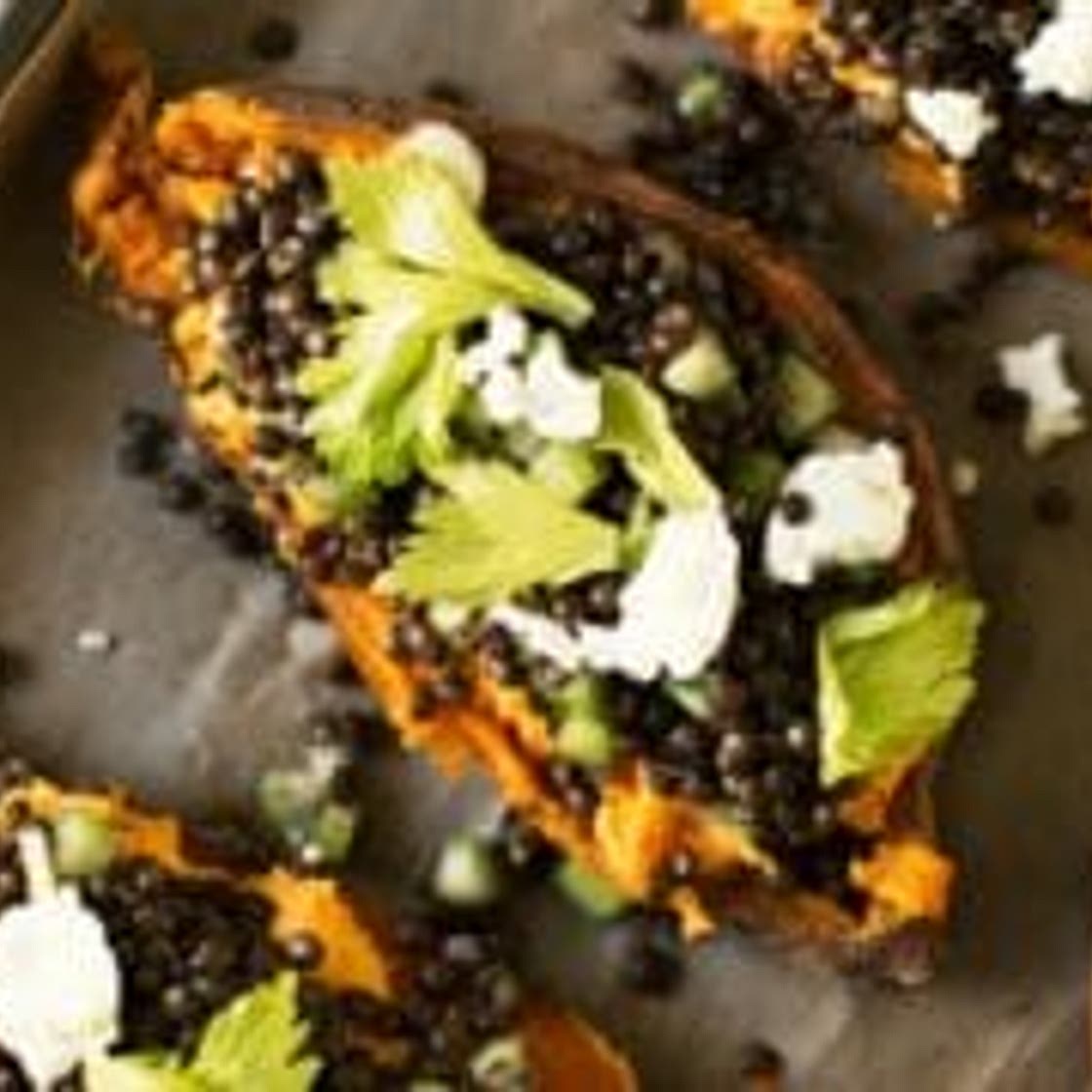 Sweet Potatoes with Goat Cheese & Lentils