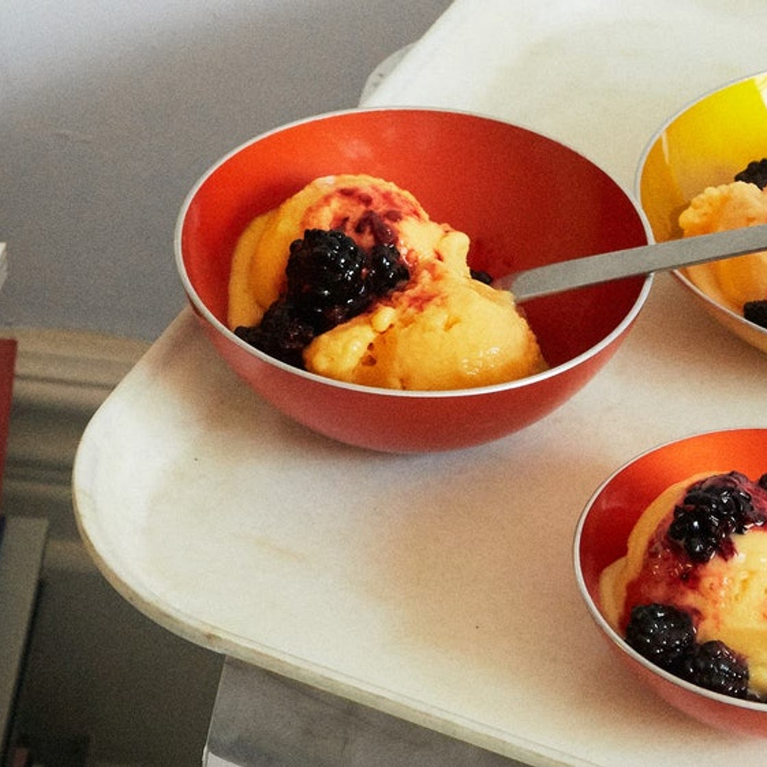 Peach Sorbet with Crushed Blackberries