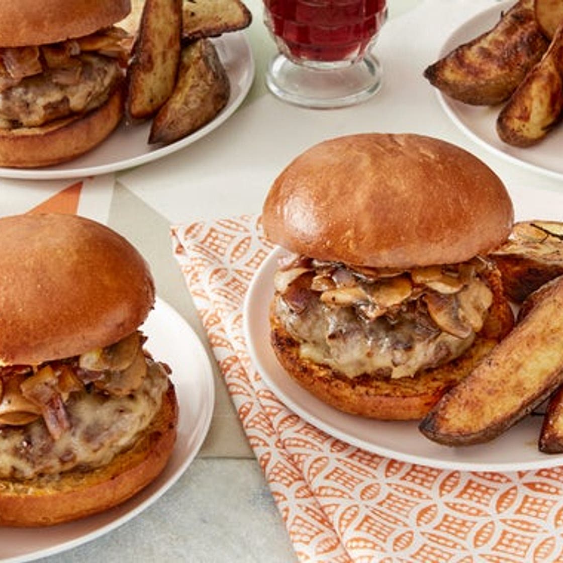 Mushroom & Swiss Cheeseburgers with Roasted Rosemary Potato Wedges