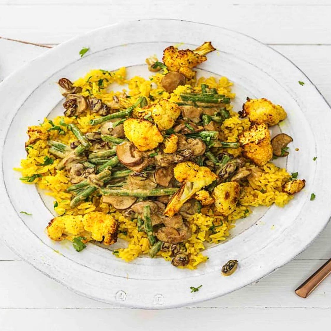 Mushroom Pasanda with Roast Cauliflower and Turmeric Rice