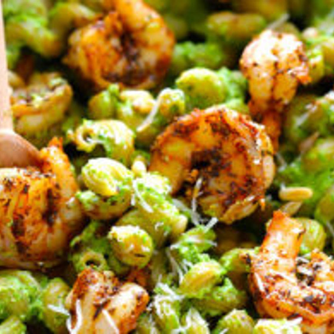 Asparagus-Spinach Pesto Pasta with Blackened Shrimp