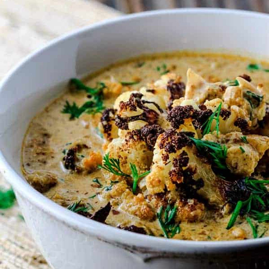 Cream of Roasted Cauliflower Soup with Paprika, Cumin and Fresh Dill