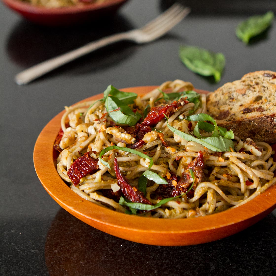 Lightened-Up Sundried Tomato Basil Pesto Pasta
