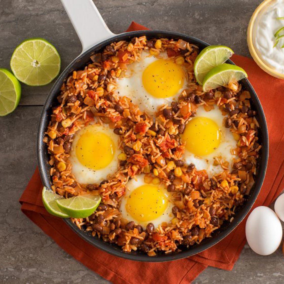 One Skillet Mexican Rice & Bean Baked Eggs