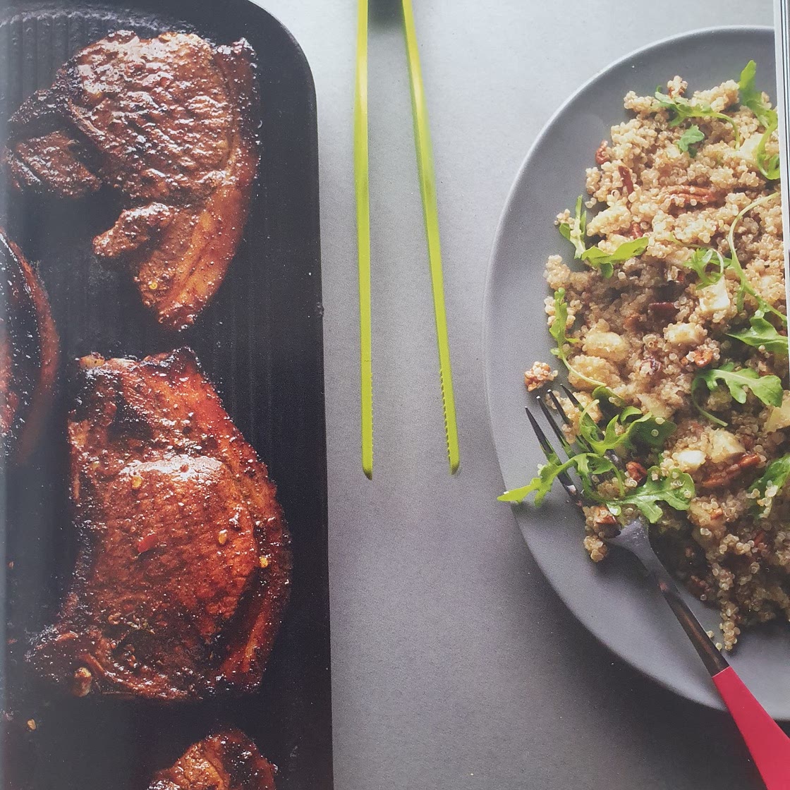 JERK PORK CHOPS WITH A PEAR AND PECAN PILAF AND AN ORANGE GINGER DRESSING