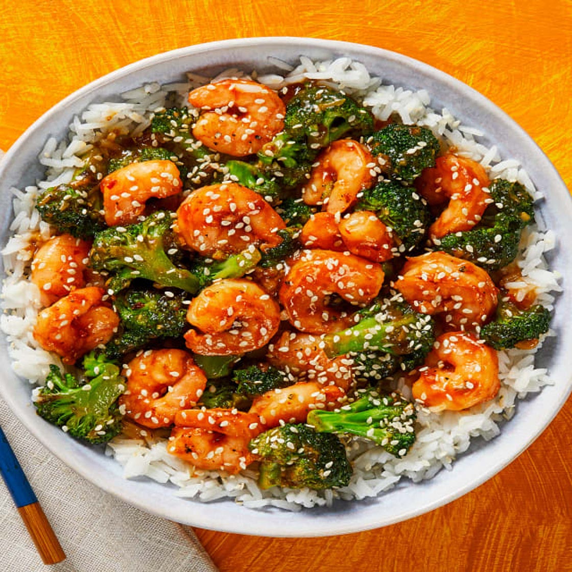 Spicy Shrimp & Broccoli Stir-Fry in a Sweet Chili Soy Glaze over Jasmine Rice