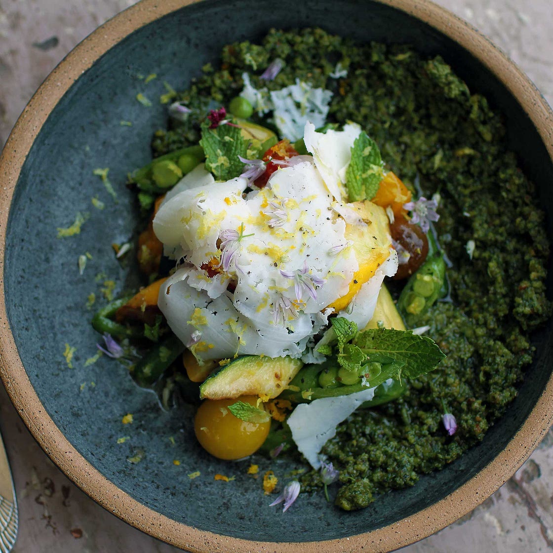 Roasted Tiny Tomatoes with Snap Peas, Seared Summer Squash and Basil-Arugula Pesto - Botanica