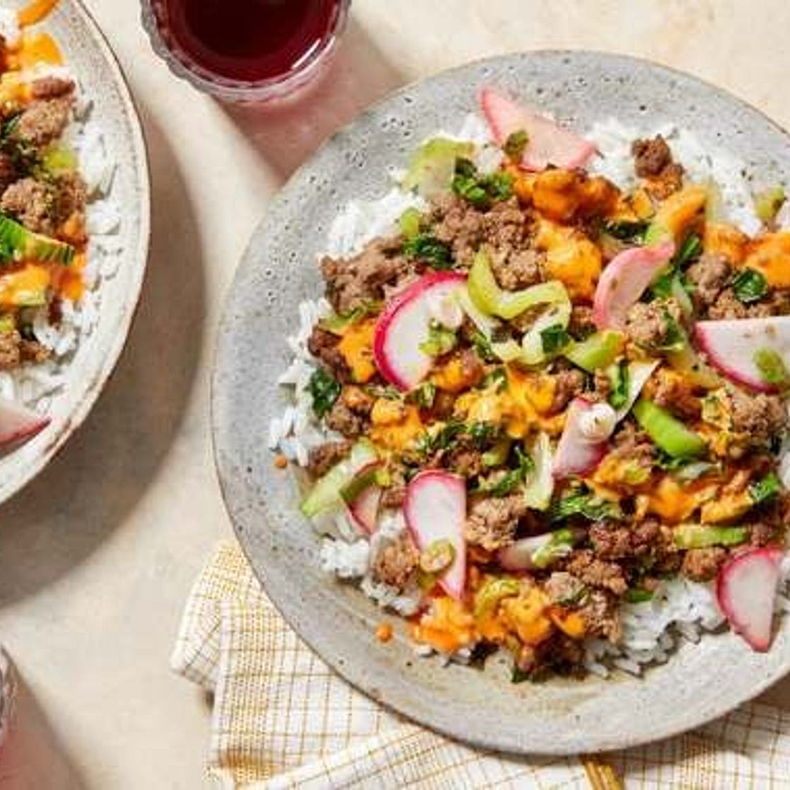 Sautéed Beef & Bok Choy Bowls with Marinated Radishes & Spicy Mayo