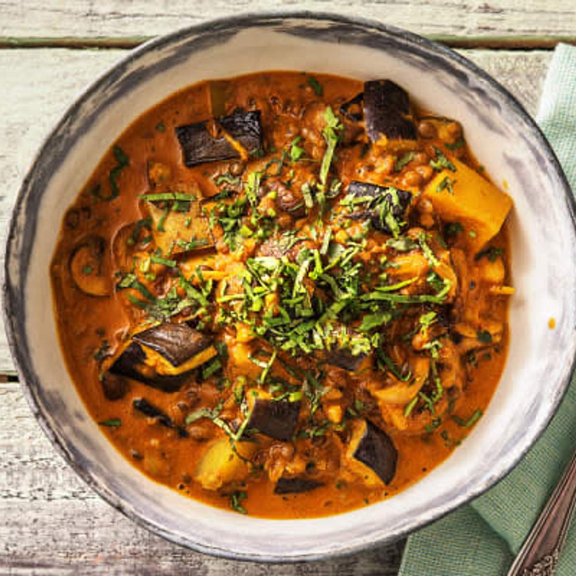 Creamy Aubergine Curry with Mushrooms, Lentils & Potato 