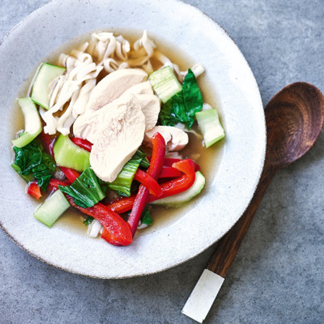 Poached chicken, pak choi & noodles