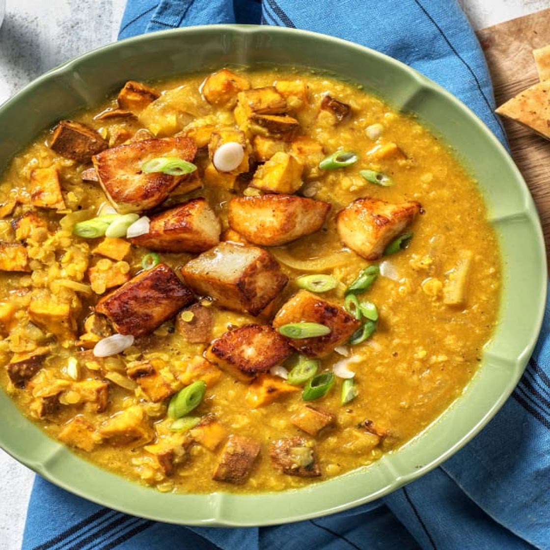 Mango Chutney Coated Halloumi Sweet Potato Dal with Naan Bread