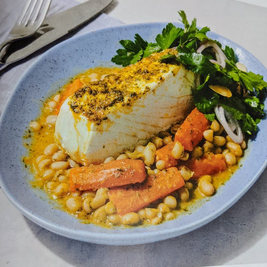 halibut with carrots, white beans, and chermoula