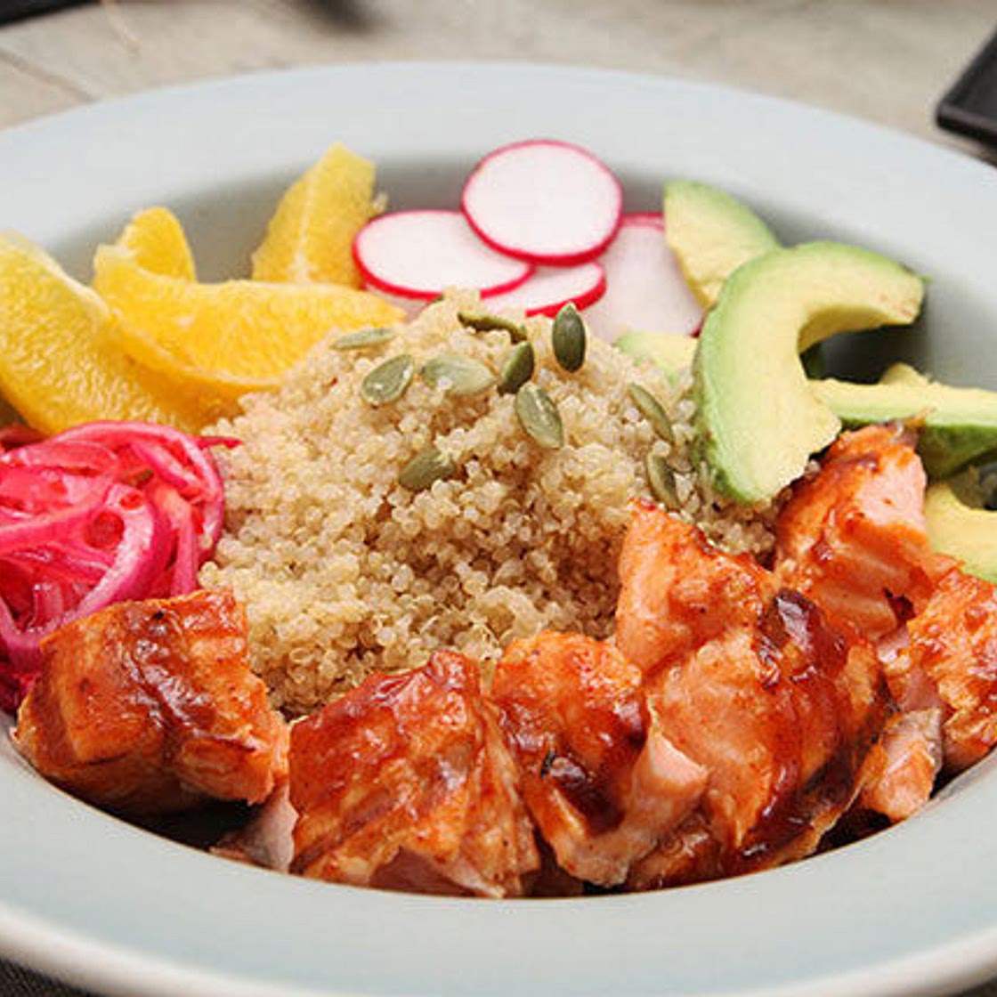 BBQ Salmon Salad with Quinoa and Pickled Onions