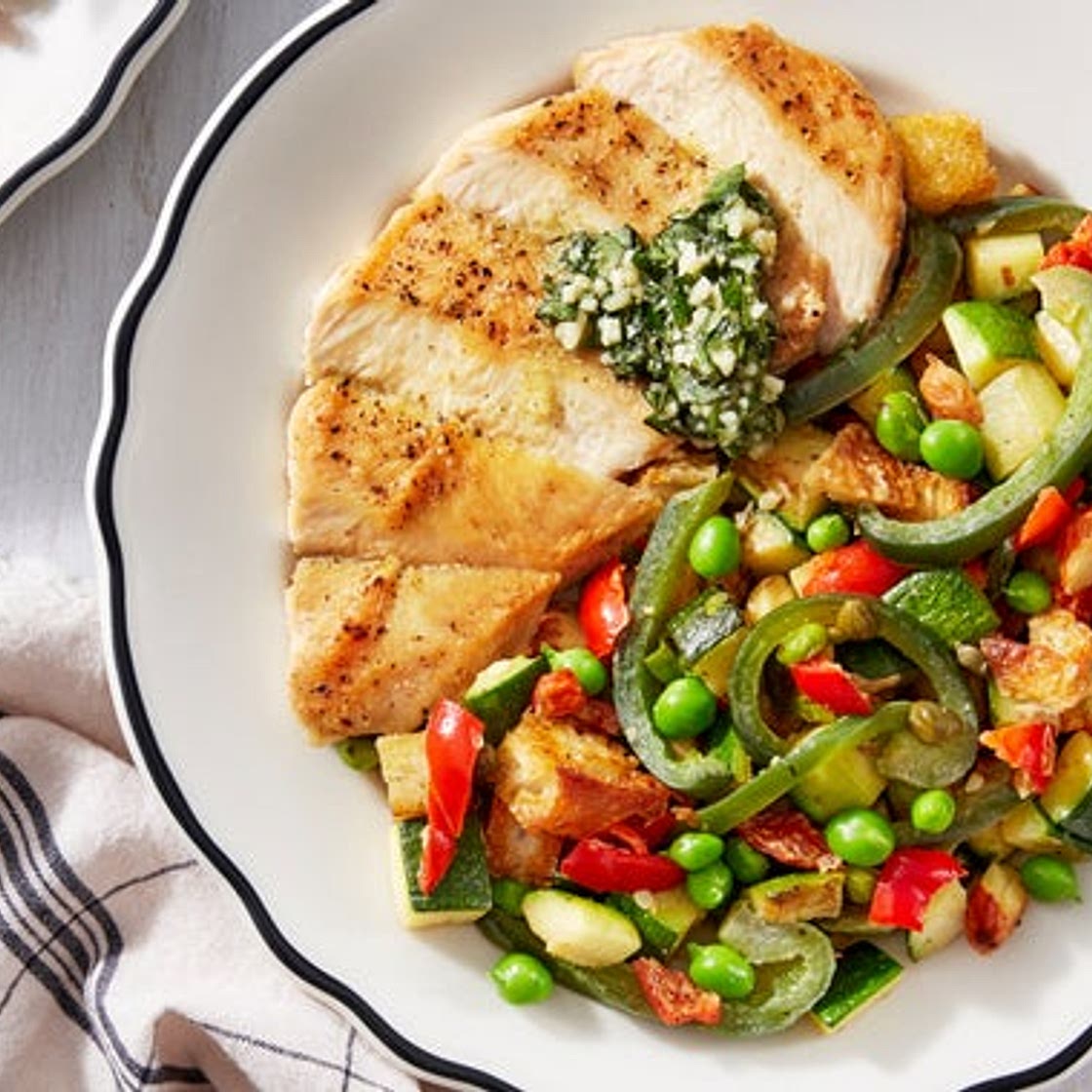 Basil Pesto Chicken with Summer Vegetable Panzanella