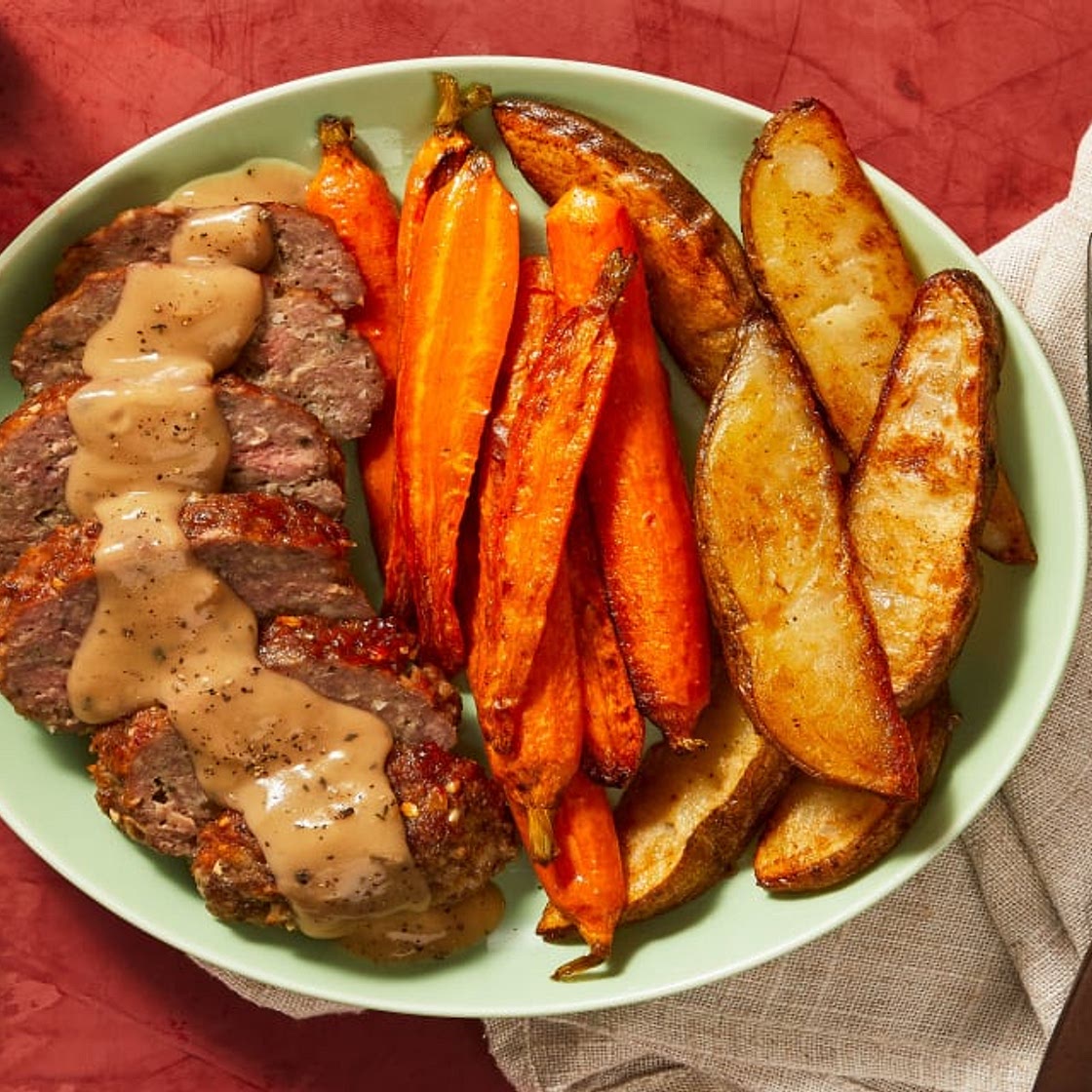 Meatloaf à la Mom with Roasted Root Veggies & Thyme Gravy