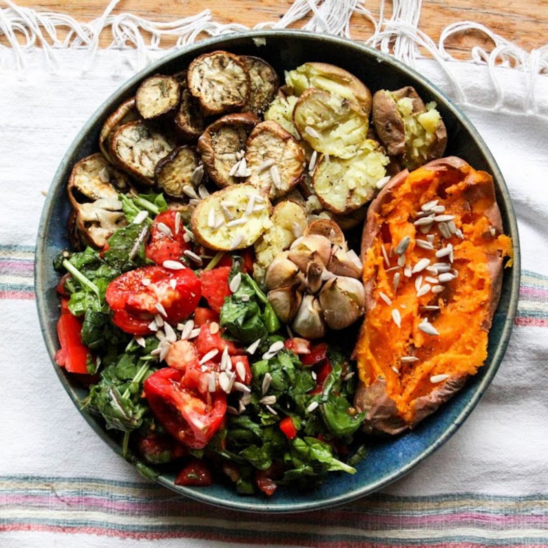 Roasted Veggies With Buttery Garlic and Spinach Salad