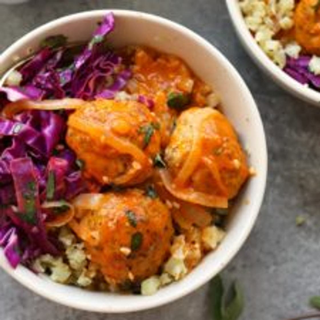 Red Coconut Curry Meatballs with Cauliflower Rice