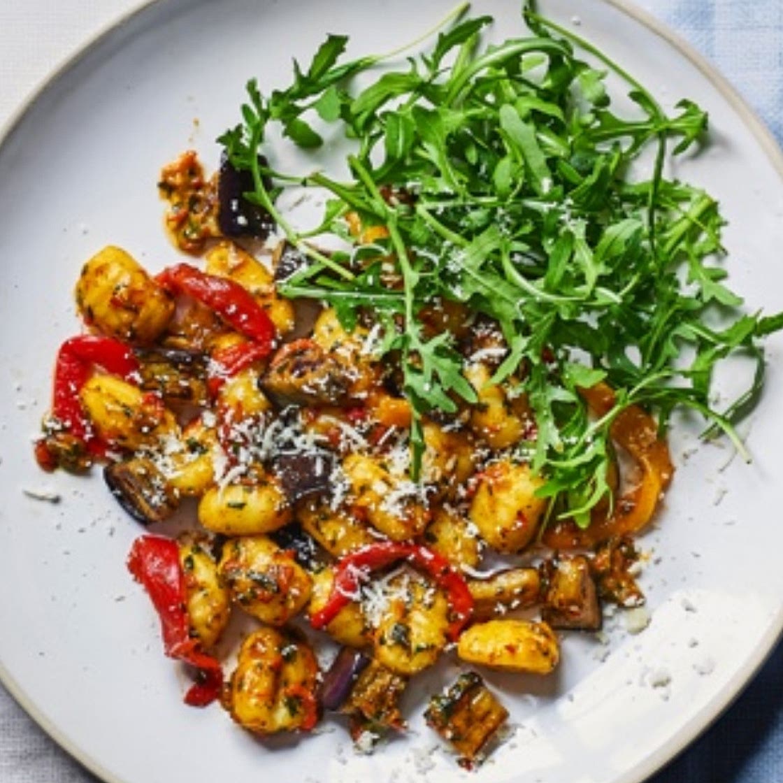 Gnocchi with roasted romano pepper, aubergine, chilli and rocket