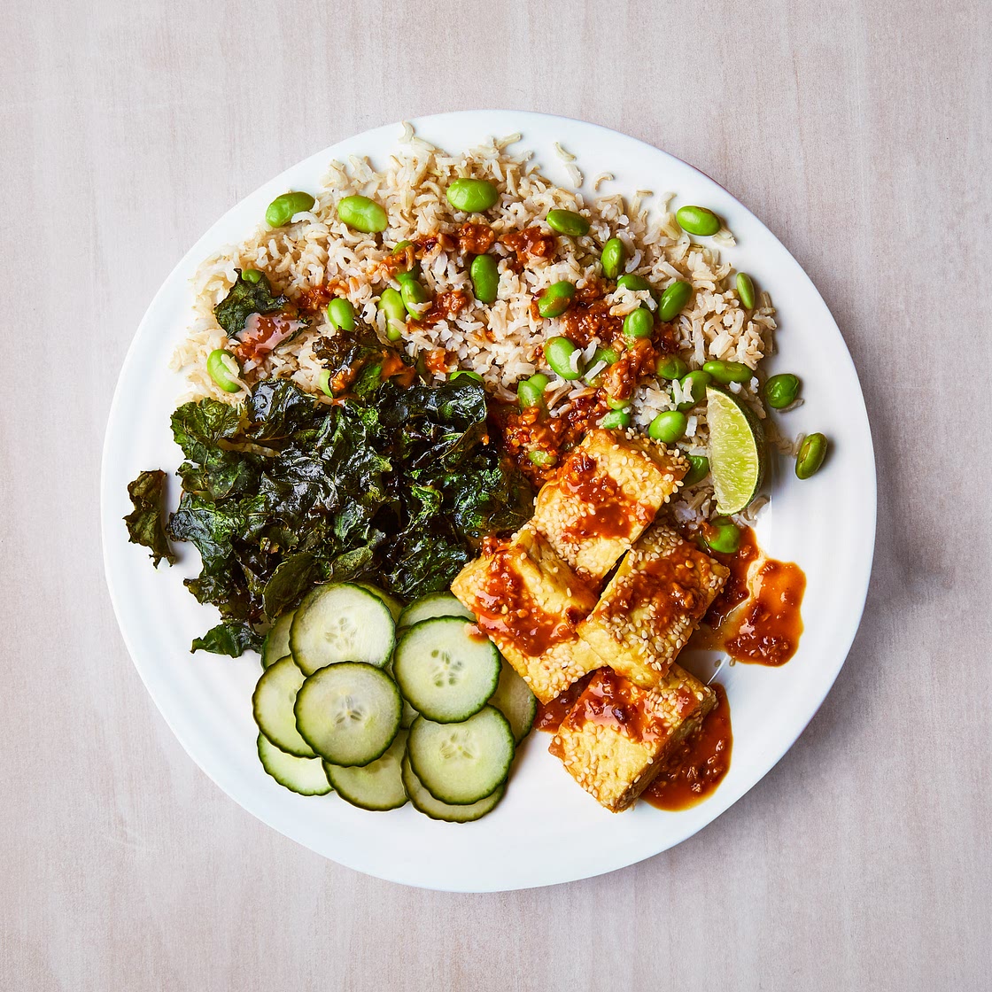 Baked Sesame Tofu, Peanut Sauce & Crispy Kale