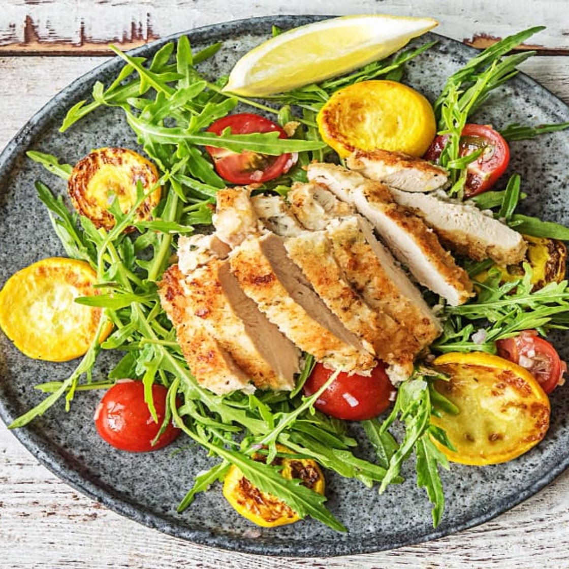 Crispy Chicken Milanese with Yellow Squash & Lemony Arugula