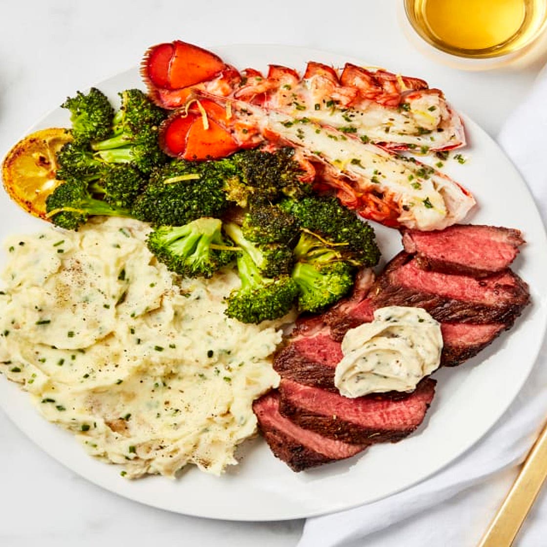 Garlic Herb Butter Steak with Lemony Broccoli & Chive Crème Fraîche Mashed Potatoes