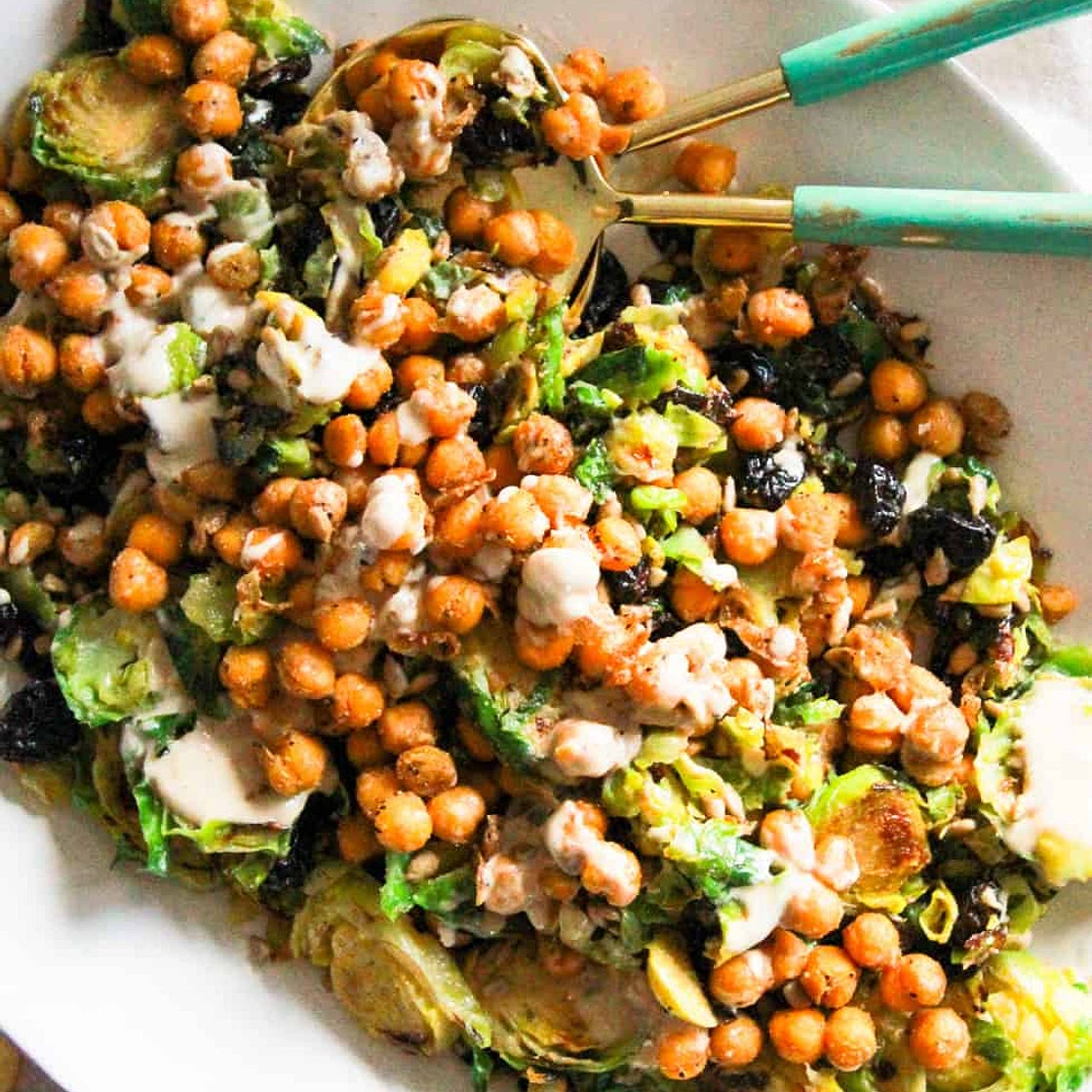 Shaved Brussels Sprouts Salad with Crispy Chickpeas and Lemon Tahini