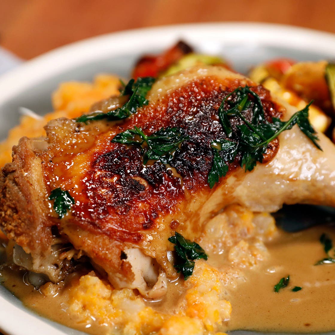 Poached and Pan-Seared Chicken with Mushroom Sauce, Mashed Turnips, and Roasted Squash