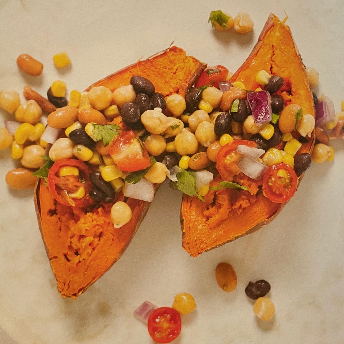 Loaded Sweet Potatoes with Bean Salad and Tempeh Bacon 