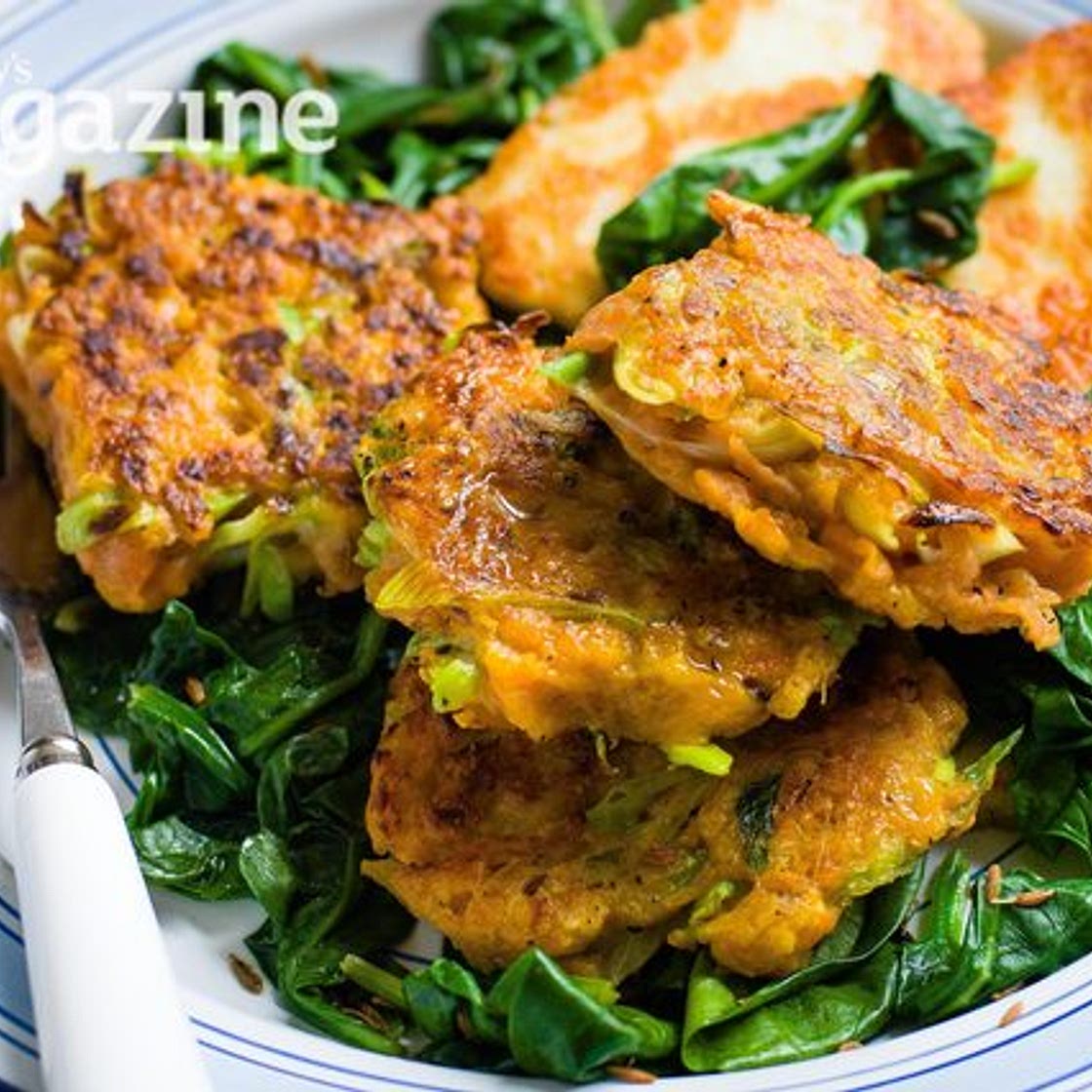 Carrot fritters with halloumi and spinach