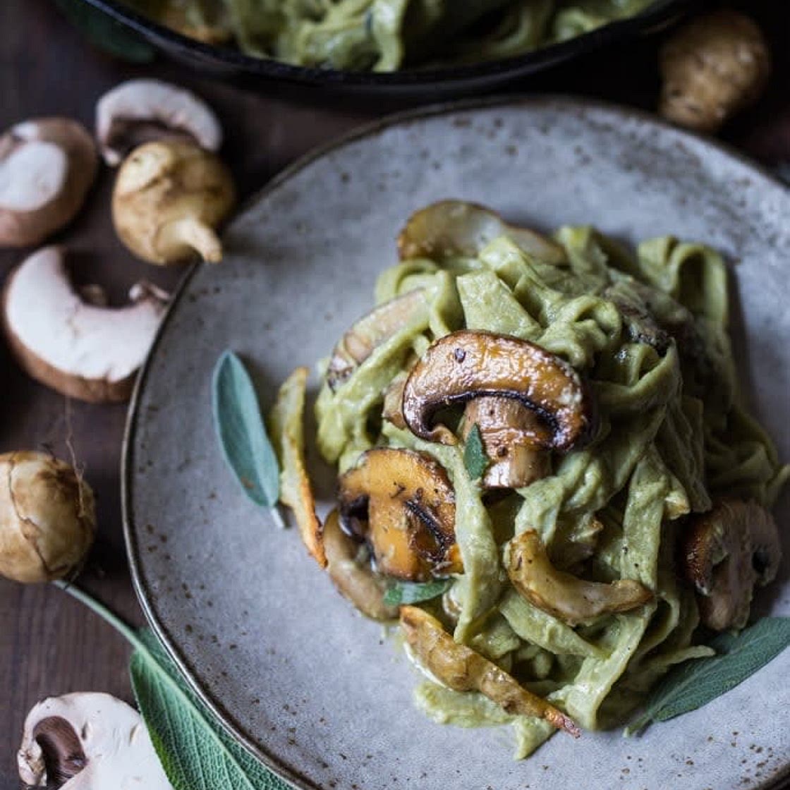 Vegan mushroom pasta with roasted sunchokes & artichoke sauce 