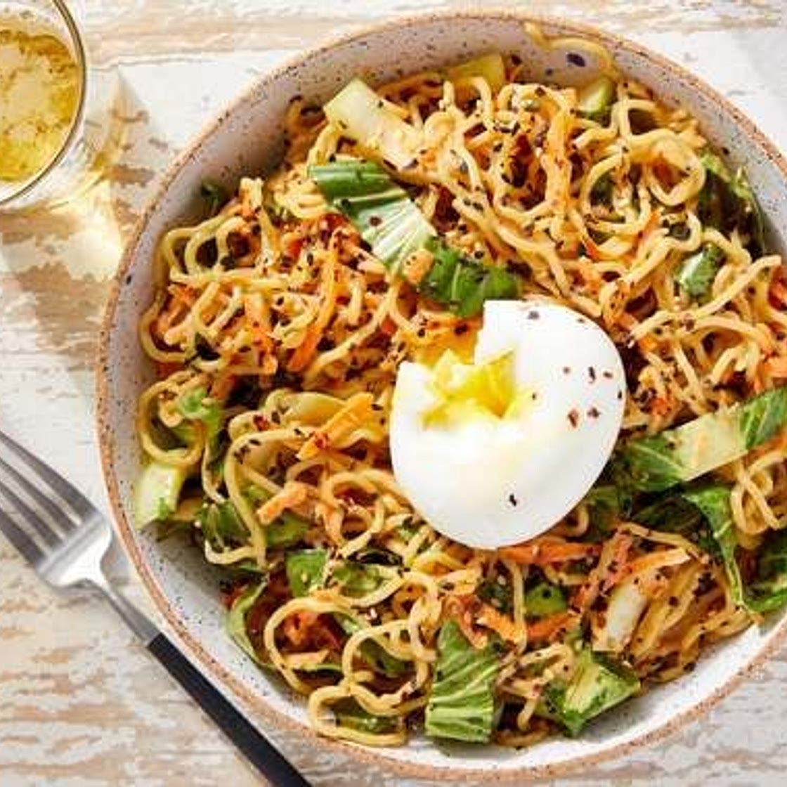 Spicy Cold Sesame Noodles with Bok Choy, Carrots & Soft-Boiled Eggs