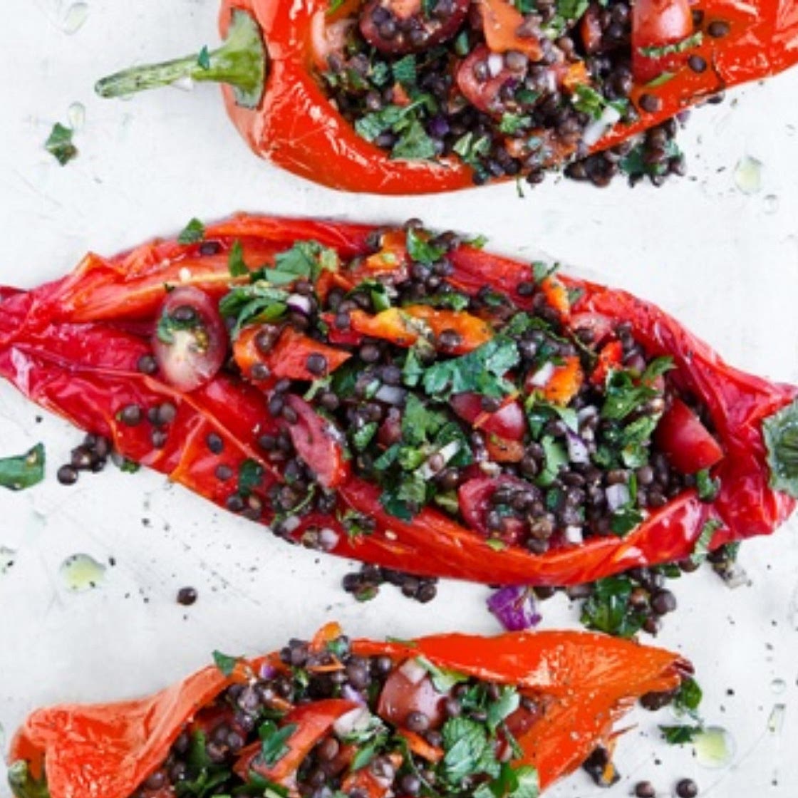 Roasted Red Peppers stuffed with Herbs and Lentils