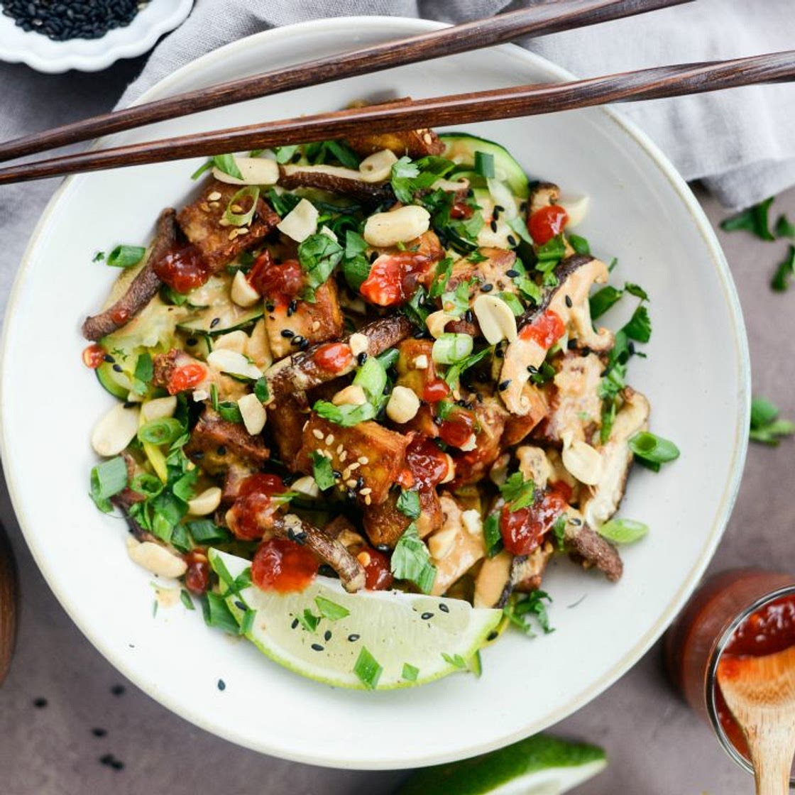 Crispy Peanut Tofu with Squash Noodles (Air Fryer)