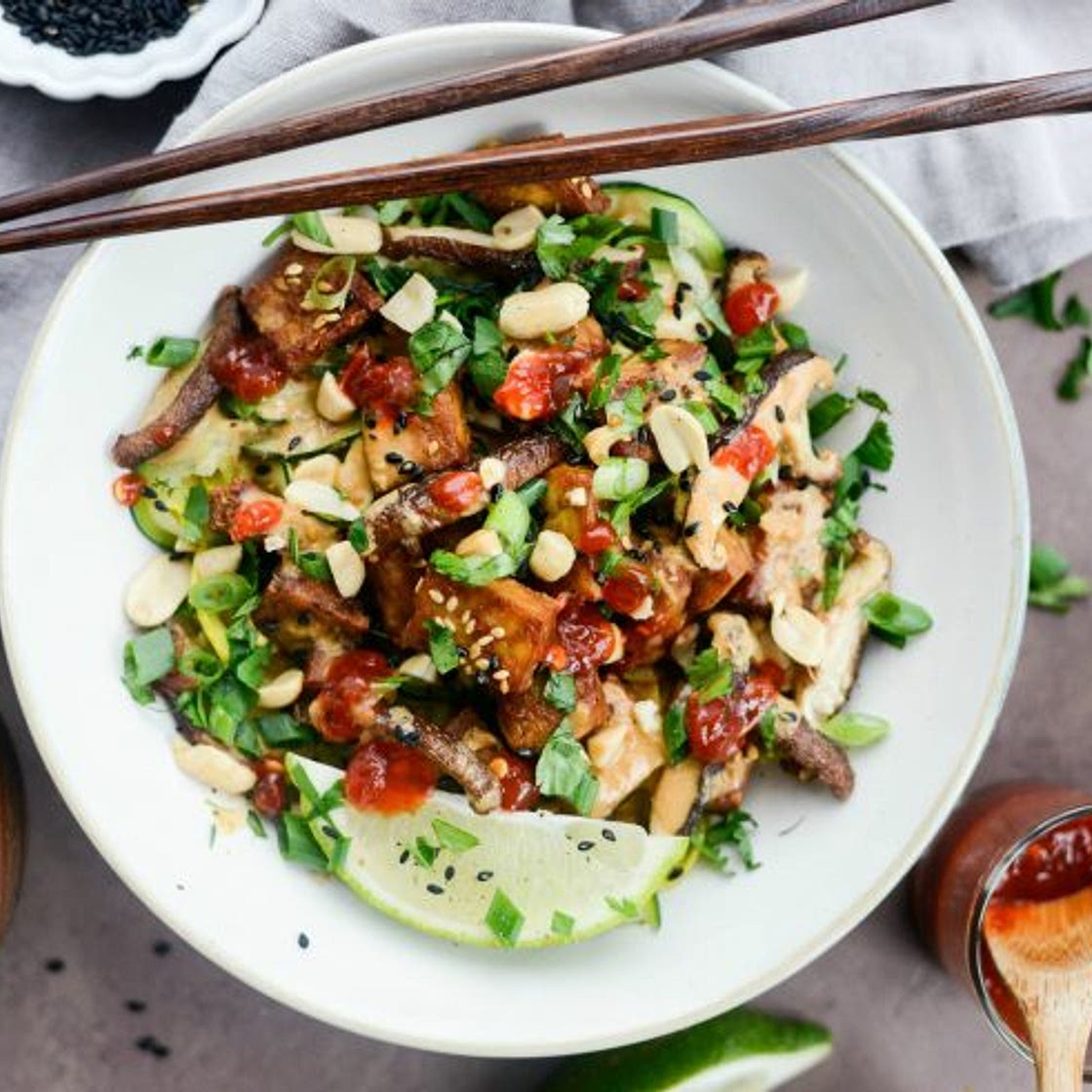 Crispy Peanut Tofu with Squash Noodles (Air Fryer)