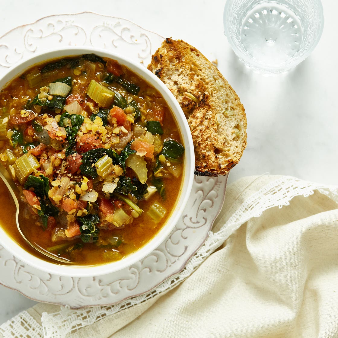 Spiced Red Lentil, Tomato, and Kale Soup