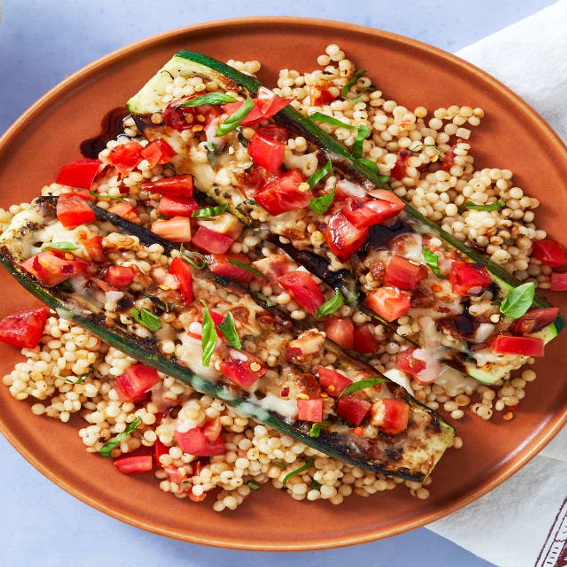 Bruschetta Zucchini Boats with Couscous and Melty Mozz