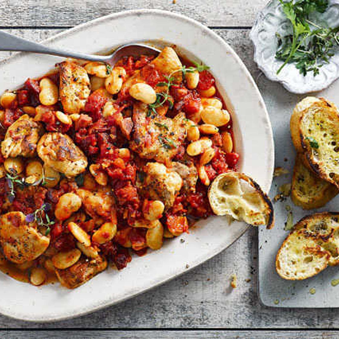 Griddled chicken thighs with chorizo and white bean stew