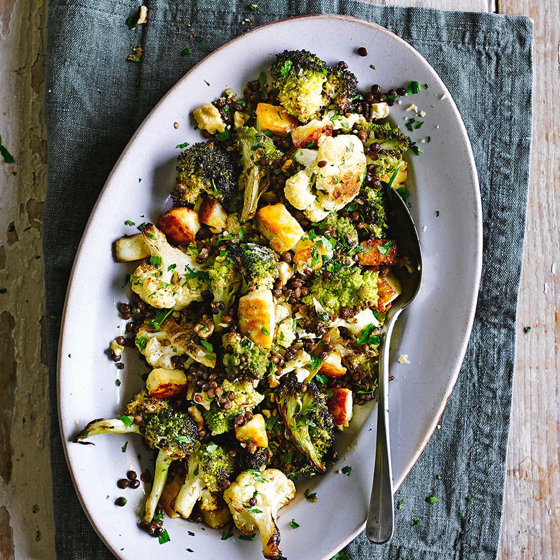 Roasted brassicas with puy lentils & halloumi