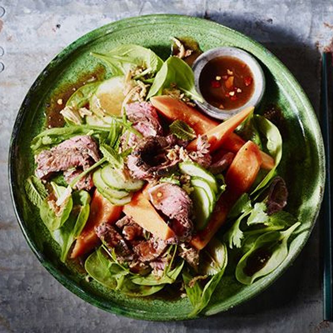 Seared Beef & Papaya Salad with Tamarind Soy Dressing