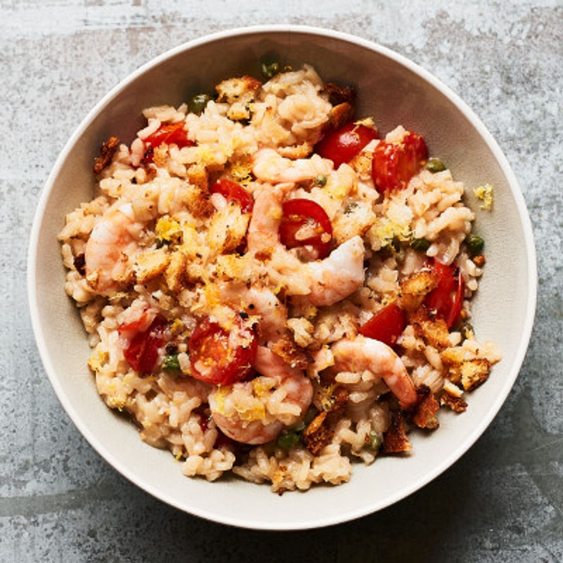 Anchovy, lemon and caper risotto with cherry tomatoes and prawns