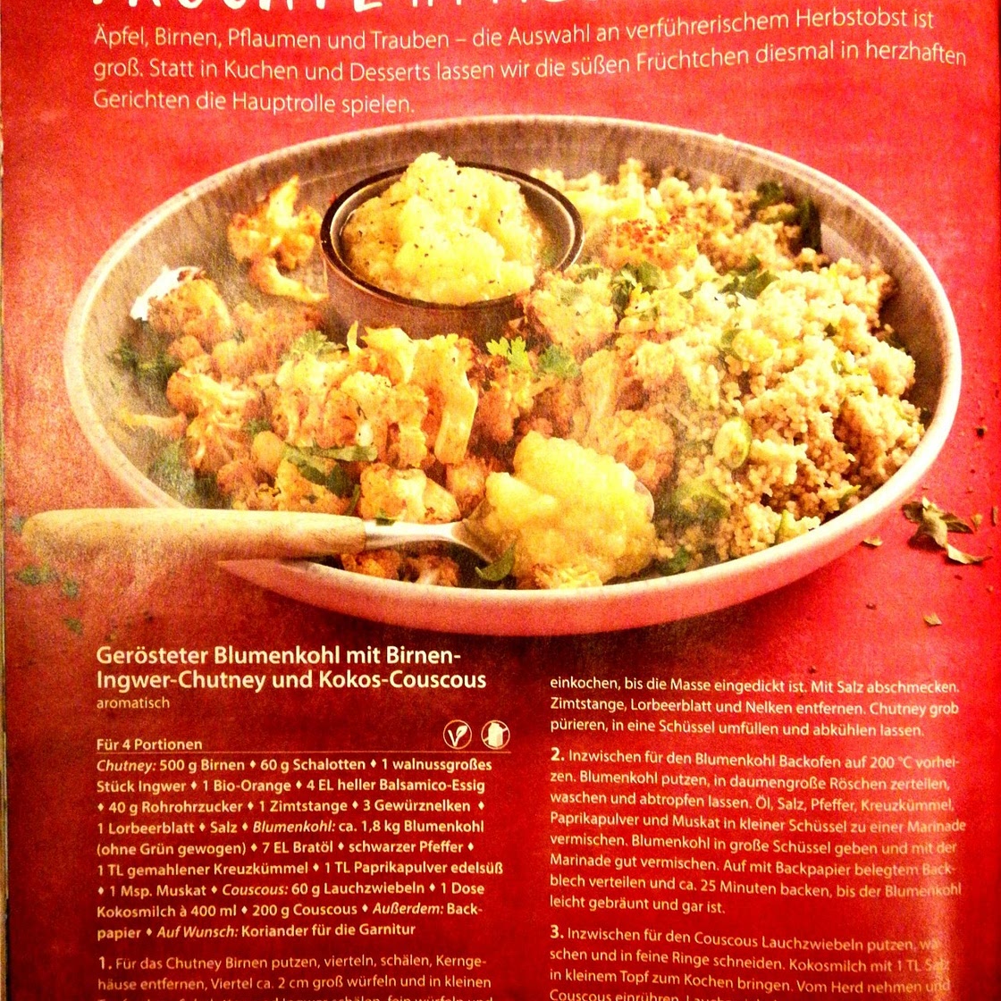 Blumenkohl, Couscous, Birnen-Chutney
