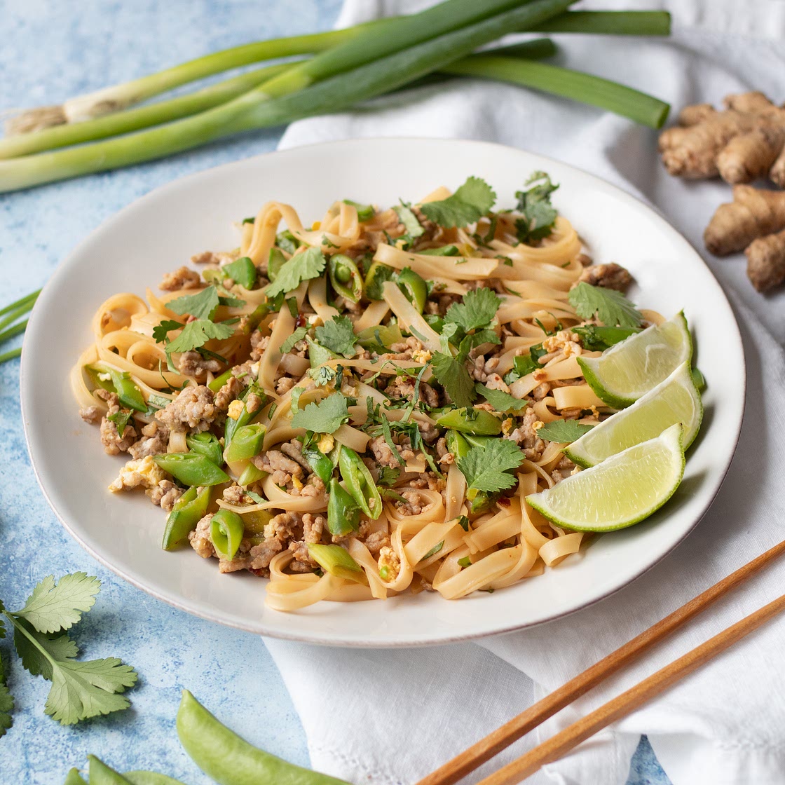 Spicy Pork Pad Thai with Sugar Peas, Lime & Cilantro