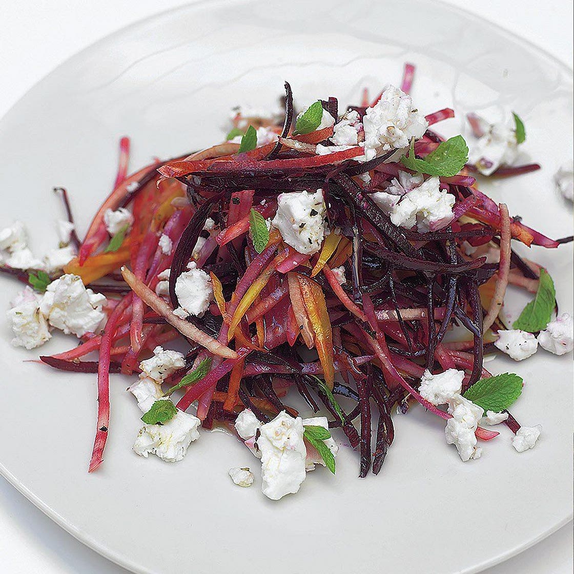 Crunchy raw beetroot salad with feta & pear