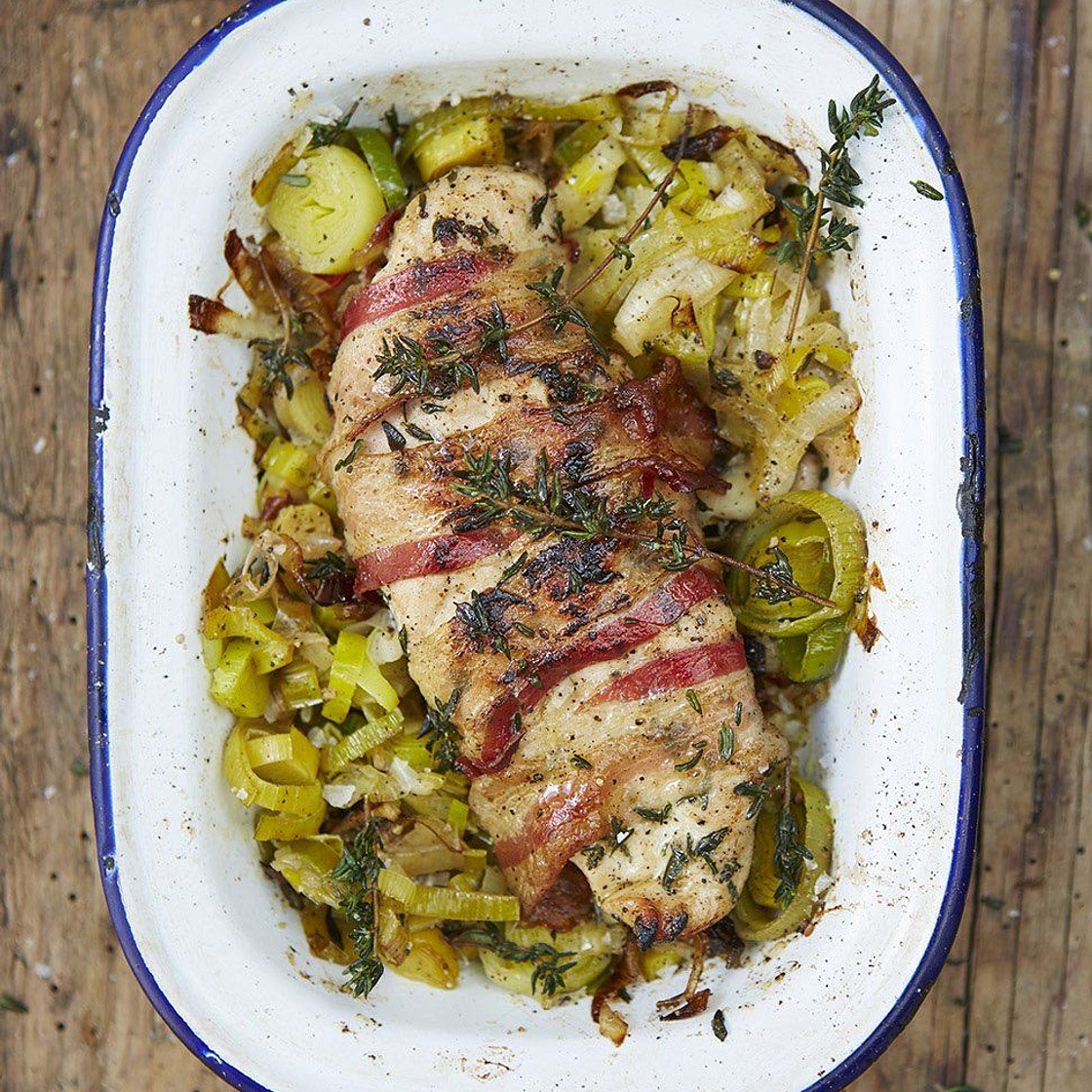 Roasted chicken breast with pancetta, leeks and thyme