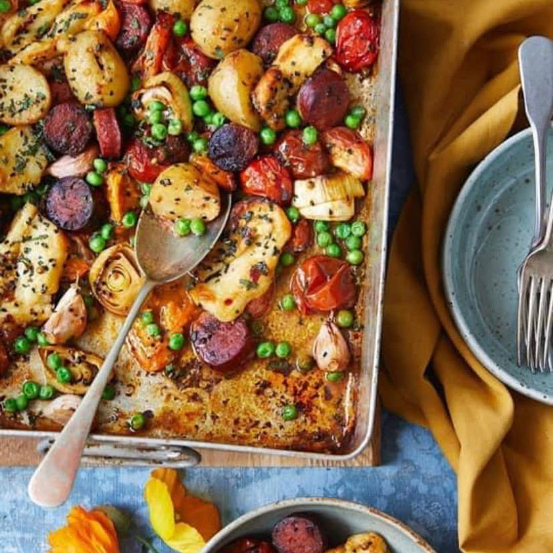Tomato, Chorizo and Halloumi Traybake