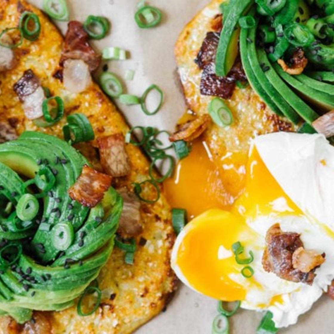 Cauliflower Bread With Crispy Bacon, Poached Eggs & Avocado